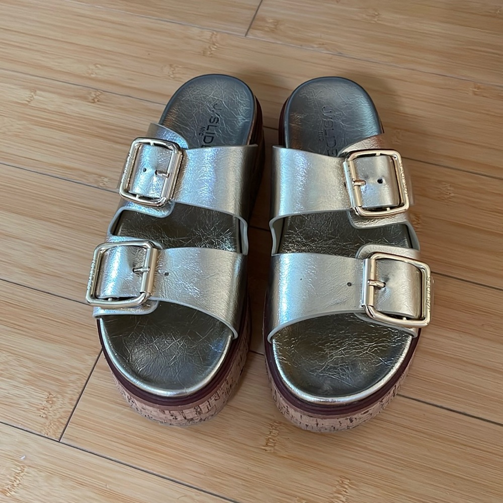 Women Golden J Slides Blinda Platform Double Buckle Slides 7.5 Excellent